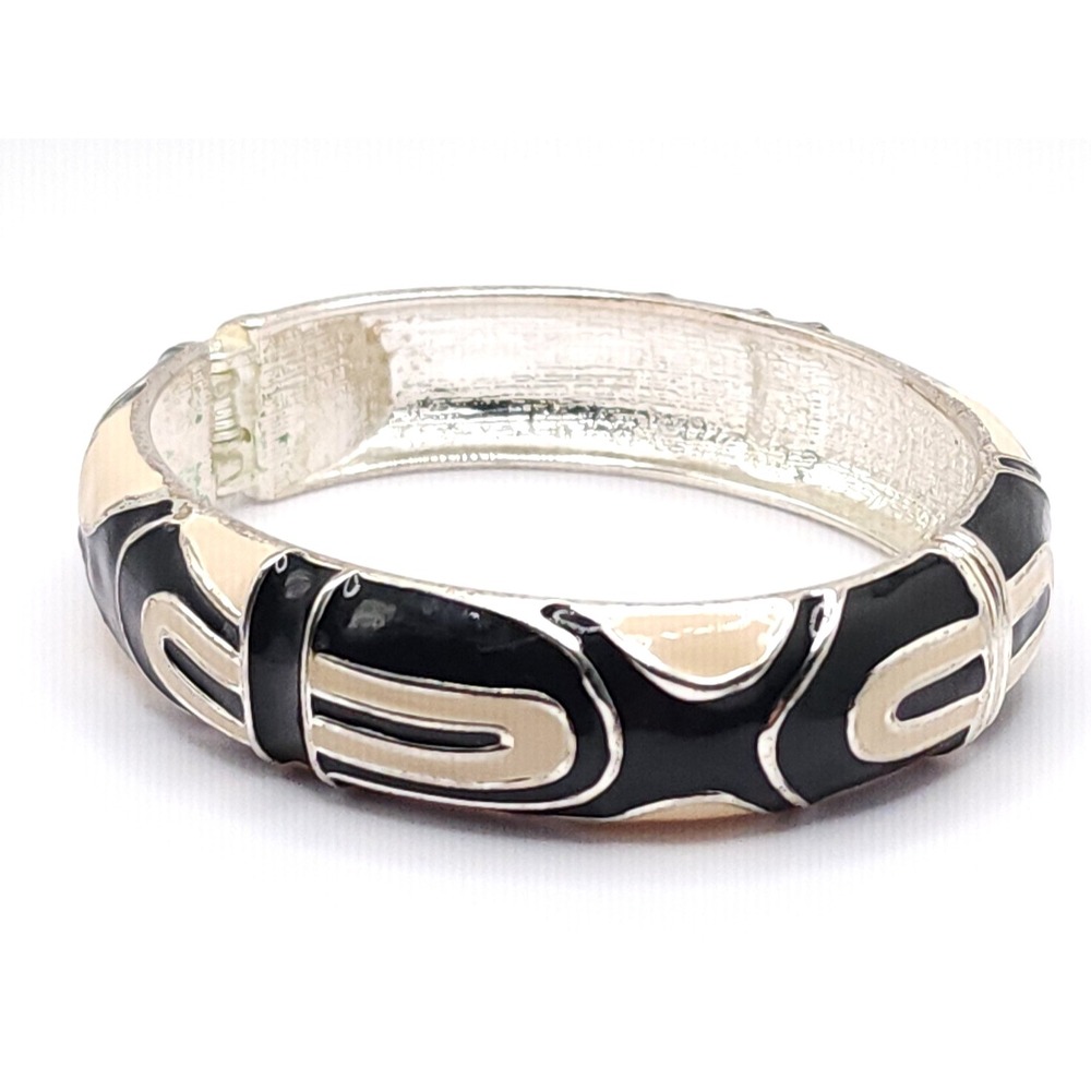 Black Cream Enamel Hinged Bracelet Silver Tone Abstract Geometric Clamper Modern